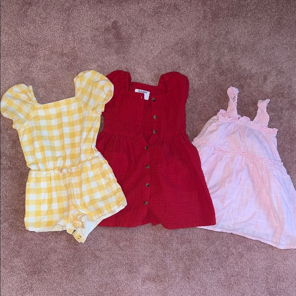 Yellow Gingham Romper, Red Button Dress, Pink Dress Bundle